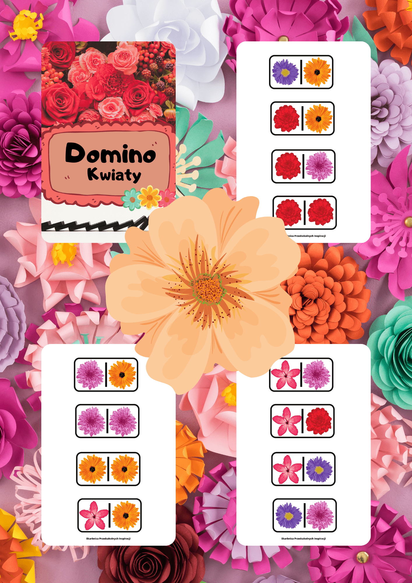 Domino - Kwiaty gra PDF dla dzieci - edu - skarbnica.pl