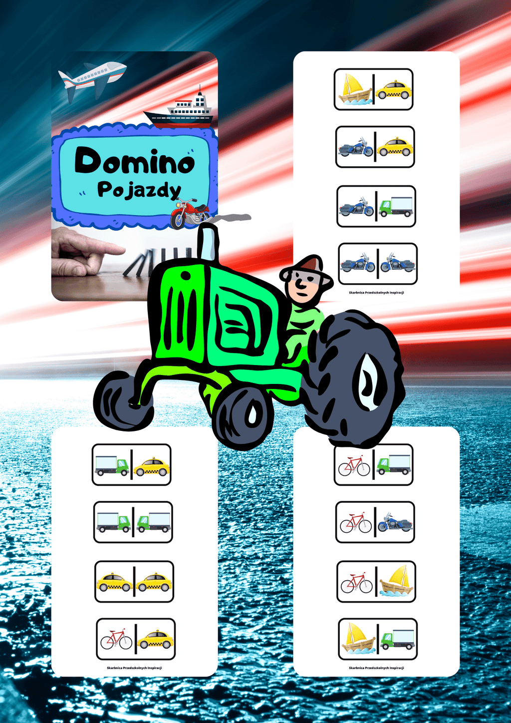 Domino - Pojazdy gra PDF dla dzieci - edu - skarbnica.pl