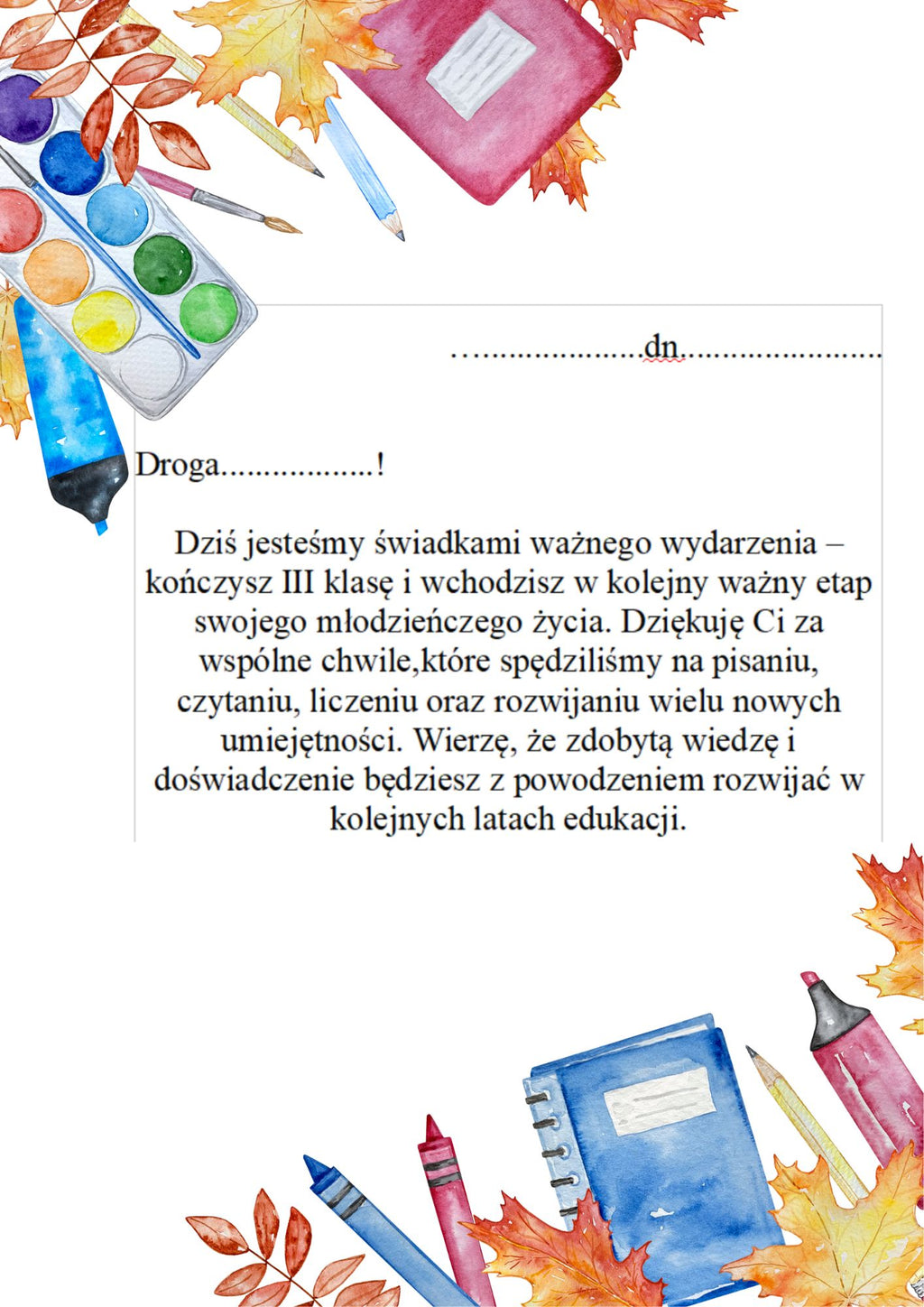 Personalizowany list na zakończenie szkoły - edu - skarbnica.pl