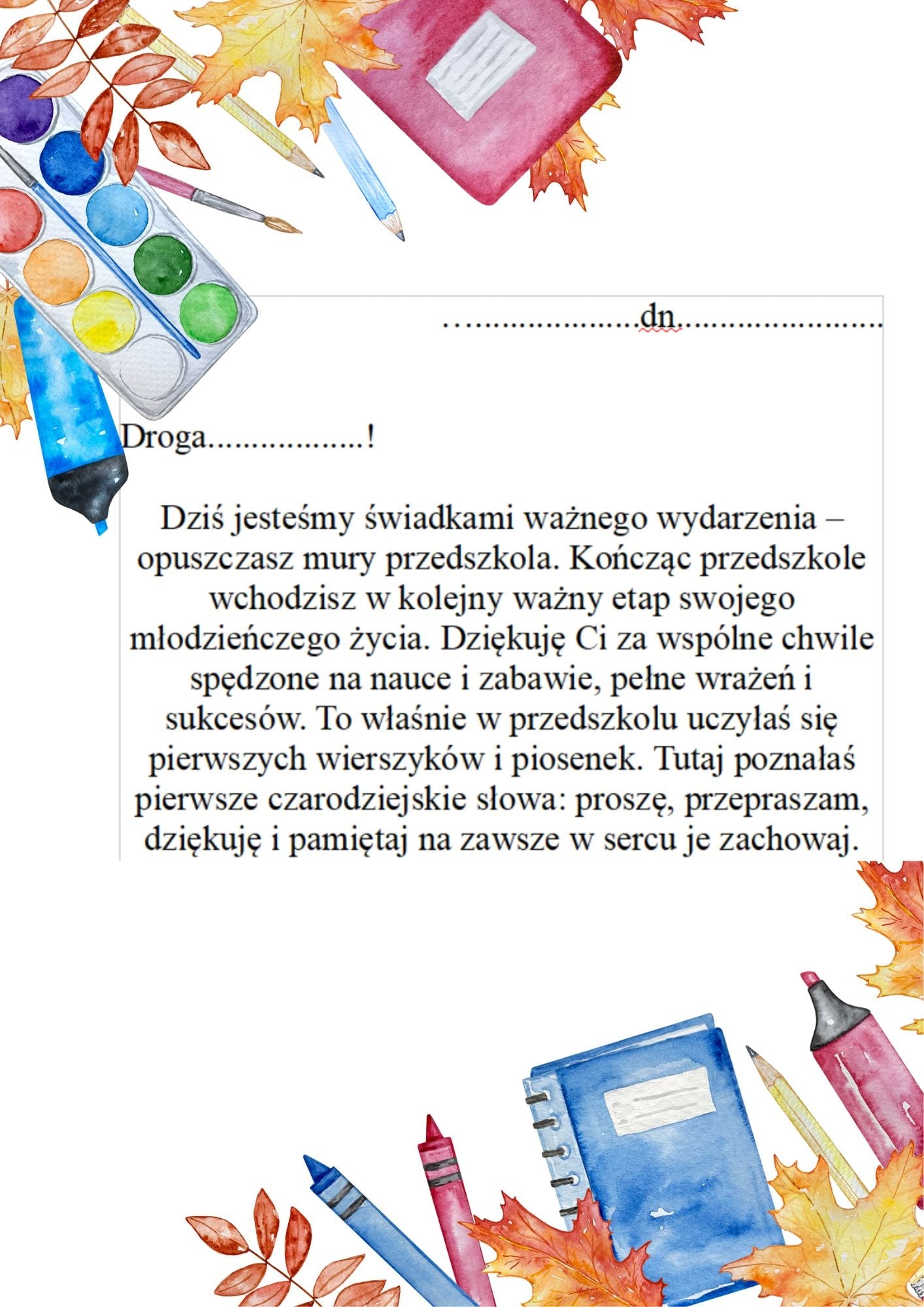 Personalizowany list na zakończenie zerówki - edu - skarbnica.pl